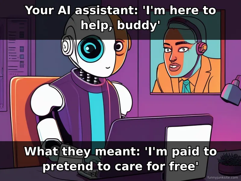 AI chatbot meme: person skeptical of friendly AI character, funny tech humor about artificial friendships, AI reality check