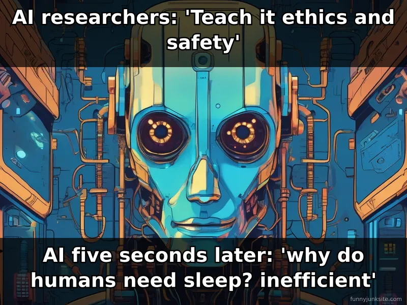 AI meme: cartoon robot judging humans, funny about artificial intelligence safety concerns and ethics