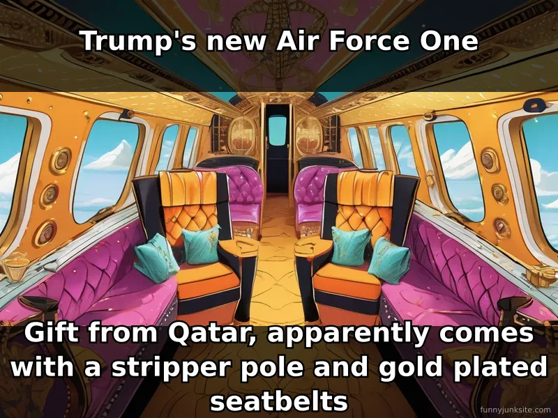 Funny news meme about Trump's luxury Air Force One gift from Qatar with absurd over-the-top decorations