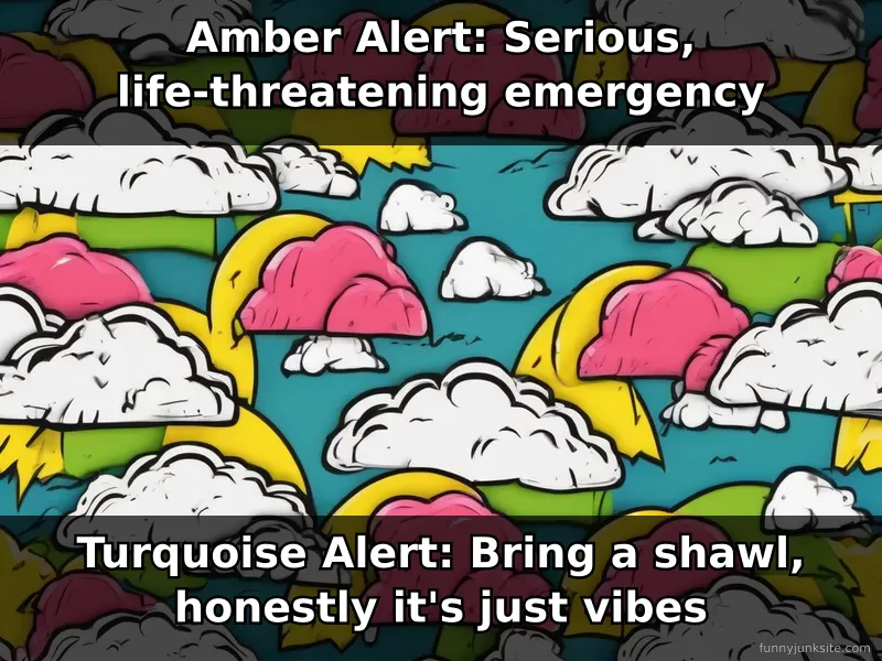 Color-coded alert notification meme, funny comparison of emergency levels by alert color