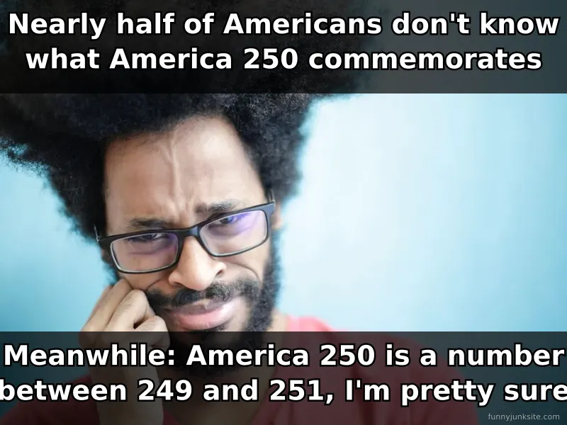 Funny meme about Americans not knowing America 250 meaning, confused expression during celebrations, historical humor.