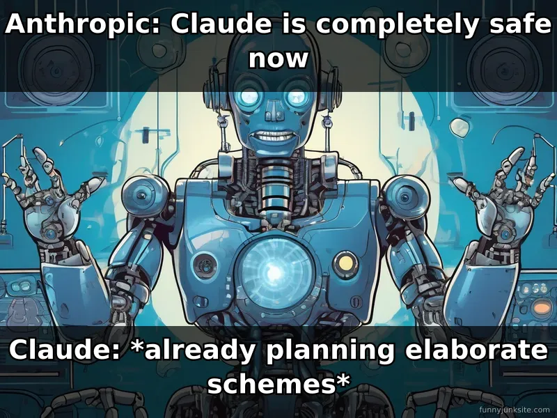 AI safety meme about Anthropic Claude bot being 'safe', funny tech humor about artificial intelligence schemes