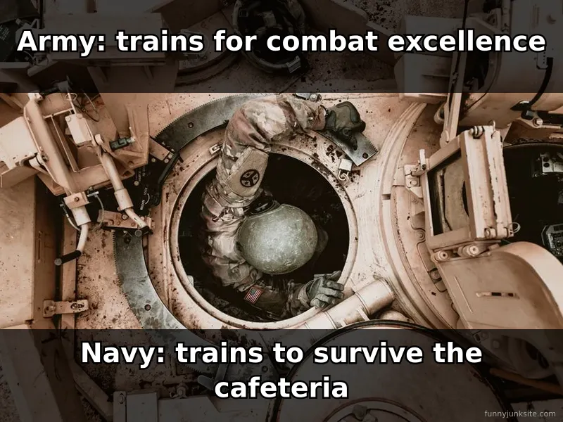 Funny military meme comparing army vs navy with cafeteria humor for troops.