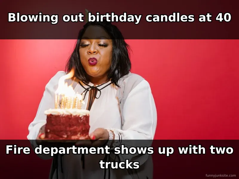 Funny birthday meme about age, cake with too many candles, humor about getting older and birthday celebrations