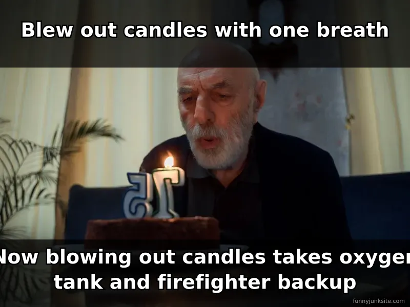 Funny birthday meme about getting older and candles requiring oxygen help.