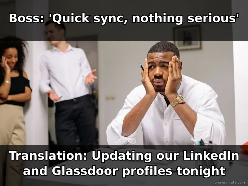 Work meme: anxious employee at computer with meeting notification, funny office meme about sudden meeting alerts
