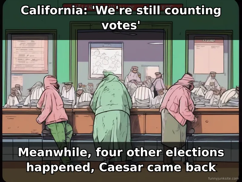 Election meme about slow California vote counting, funny ballot delay image