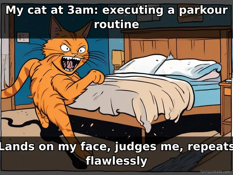 Funny cat meme showing tabby executing 3am parkour zoomies on owner's face grumpy cat