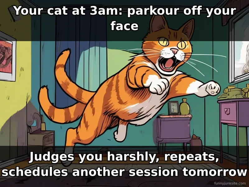 Funny cat meme showing cat doing crazy 3am zoomies and parkour moves on owner's bed at night