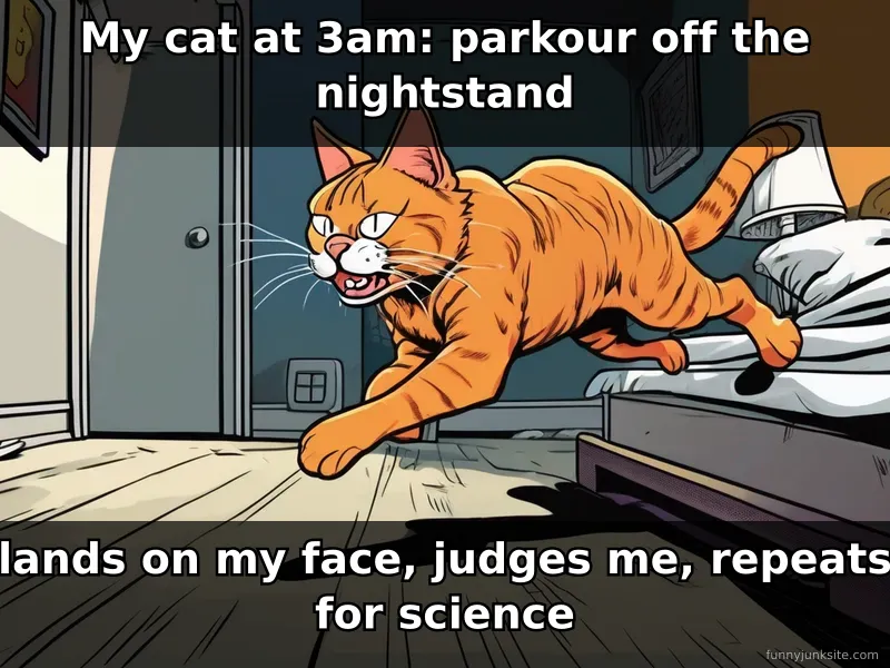 Funny cat meme about 3am zoomies and cats attacking at night, relatable pet humor for cat lovers