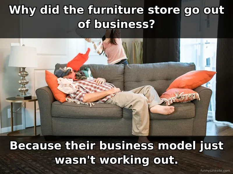 Dad joke meme with furniture pun, classic corny humor that makes you groan and laugh