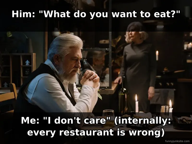 Relationship meme about dinner decisions, funny couples argument about food choices