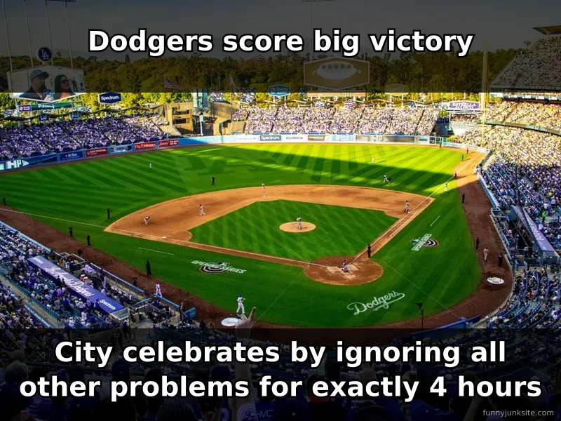 Funny meme of excited baseball fans celebrating wildly at Dodgers stadium during a winning game moment