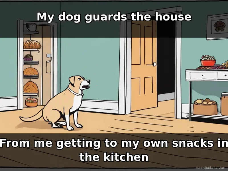 Funny dog meme showing protective pup guarding the kitchen from owner, relatable pet humor