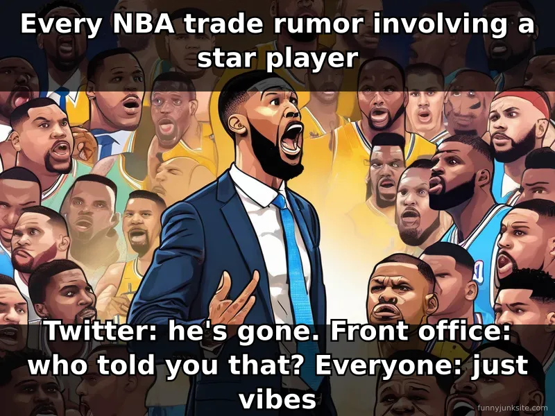 Funny NBA meme about Embiid trade rumors spreading on Twitter with no facts.