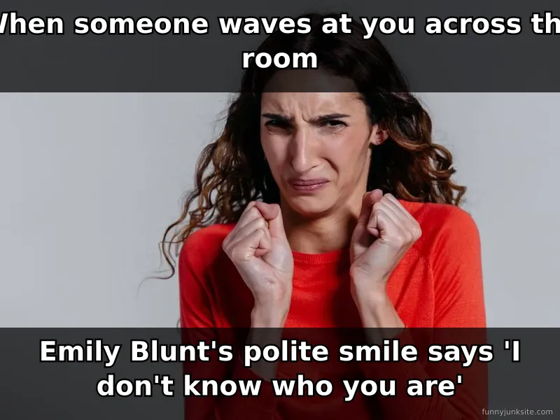 Funny meme about awkward waves with celebrity expression of polite confusion