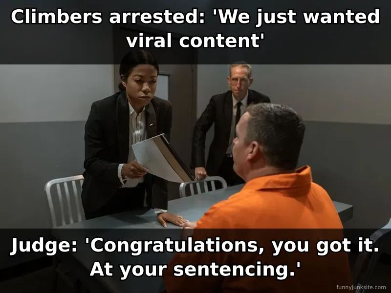 News meme about Empire State Building climbers arrested, funny legal satire about viral content gone wrong and criminal charges