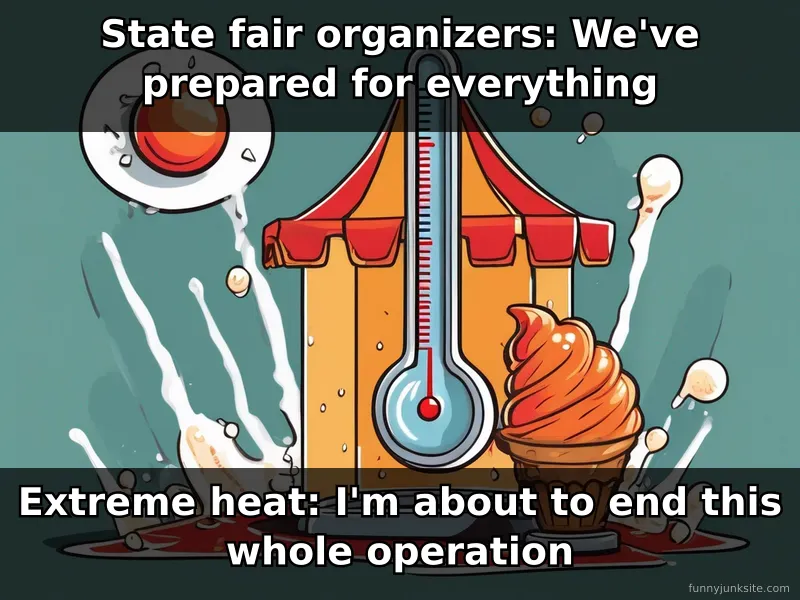Funny cartoon meme about extreme heat canceling state fair, thermometer overheating, weather humor and event cancellations.