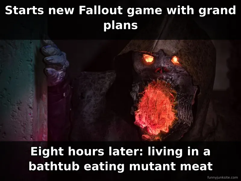 Fallout game meme about how plans spiral into absurdity within hours of playing, funny gaming humor.