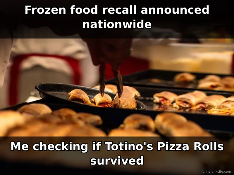 Funny meme about food recall, relatable humor about checking freezer for favorite cheap snacks.