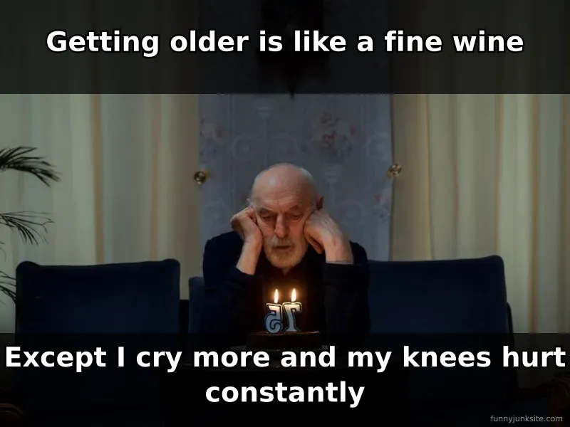 Funny birthday meme comparing aging to fine wine, humorous take on getting older and body aches.