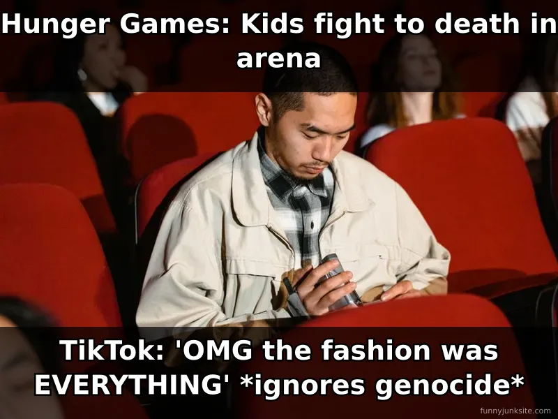 Funny meme about people watching Hunger Games but only caring about fashion trends
