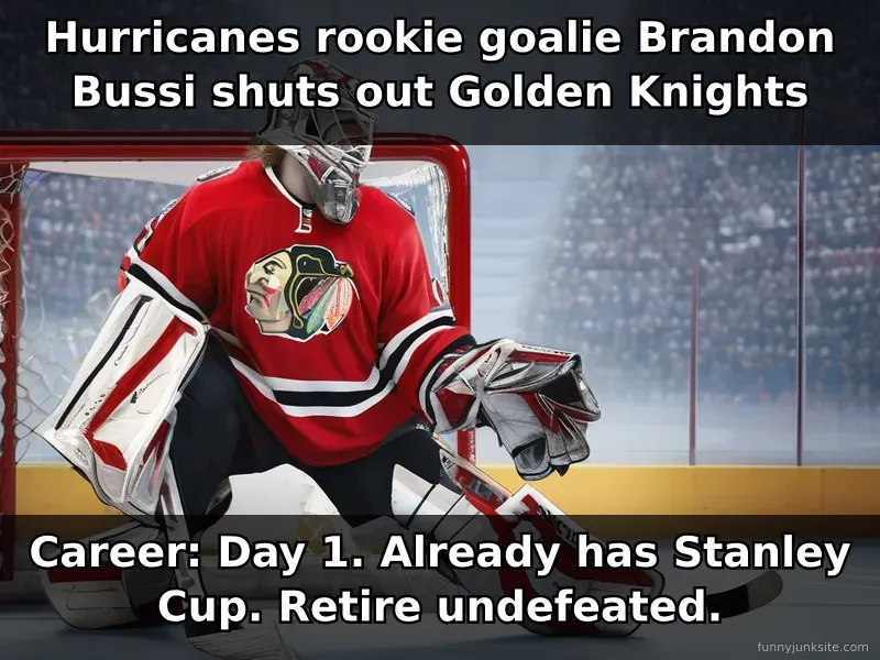 Sports funny meme about Hurricanes rookie goaltender winning Stanley Cup on debut, humorous