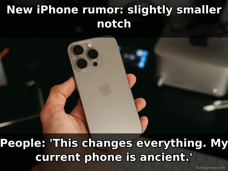 Tech meme of excited crowd for minor update, funny iPhone rumor joke image