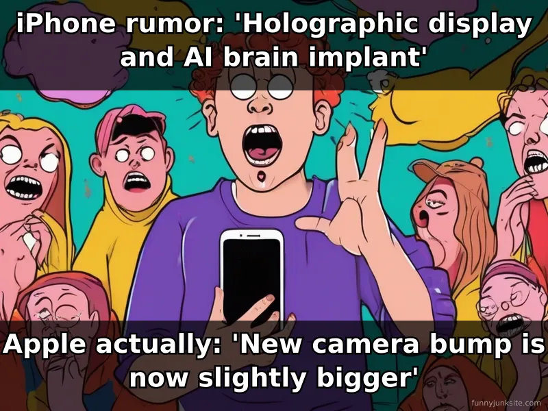 iPhone meme: person looking disappointed at new phone specs, funny about gap between rumors and reality