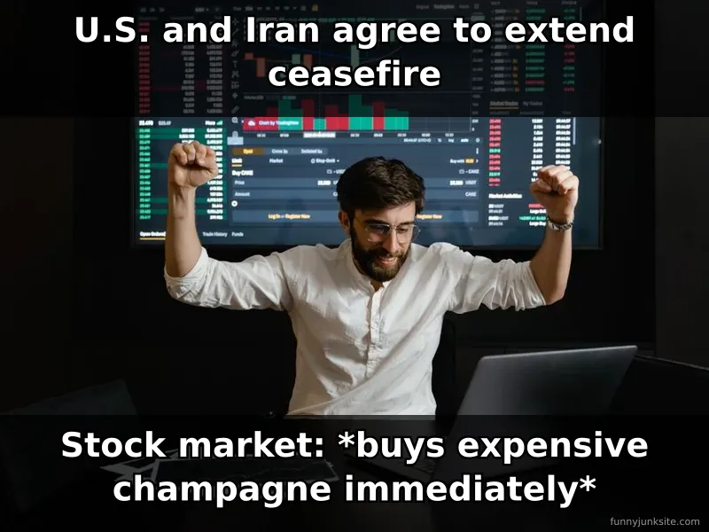 Funny news meme about Iran ceasefire deal causing stock market surge, economic humor