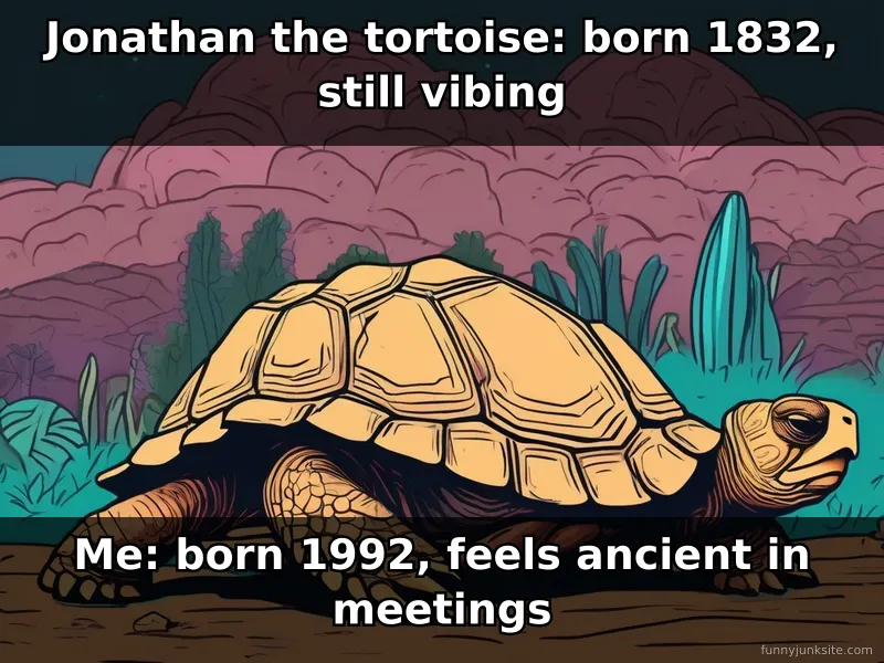 Jonathan tortoise meme comparing centuries-old tortoise to tired millennial, funny age humor