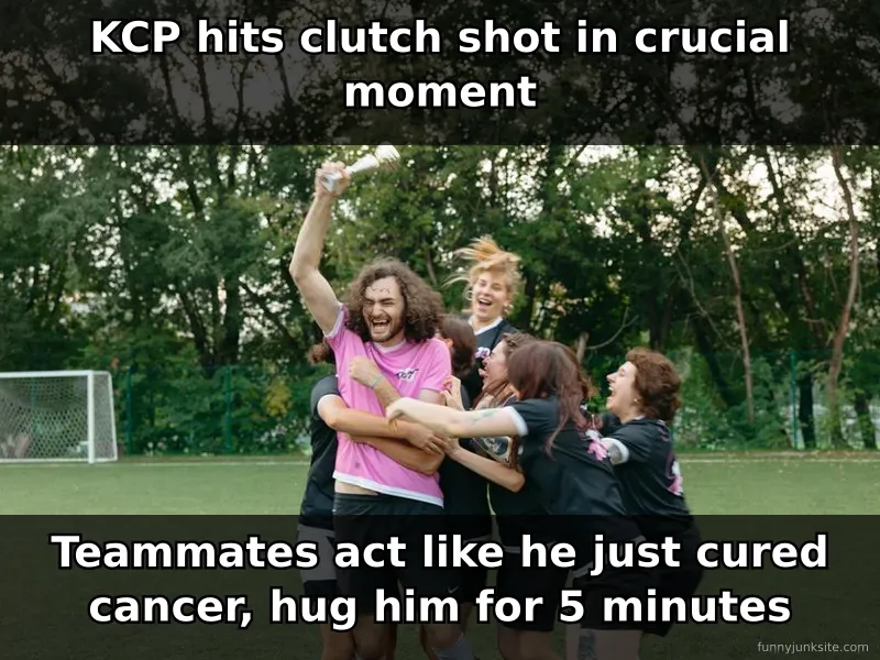 Sports meme: basketball players celebrating dramatically after successful shot. Funny sports humor meme.