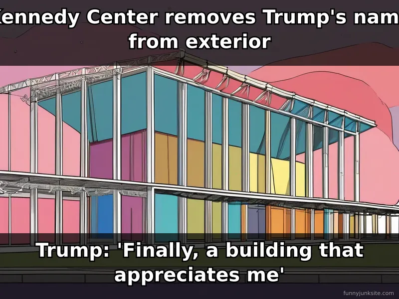 Funny news meme about Kennedy Center removing Trump's name, satirical political commentary