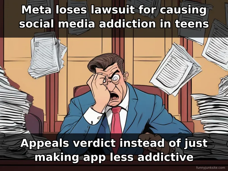 News meme about Meta appealing addiction lawsuit verdict instead of fixing issue