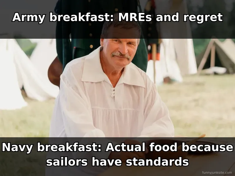 Military funny meme comparing army and navy breakfast quality with humorous rivalry