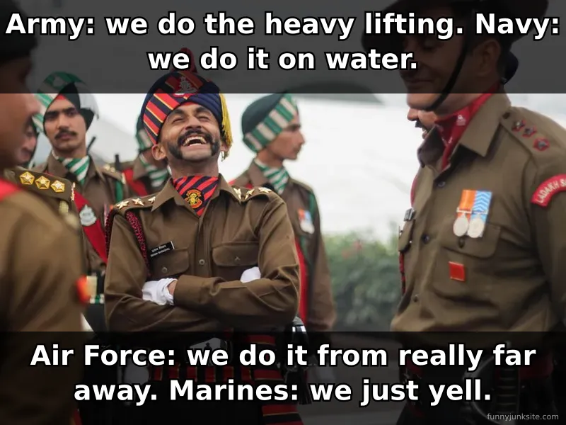 Military meme with soldiers of different branches, funny inter-service rivalry humor