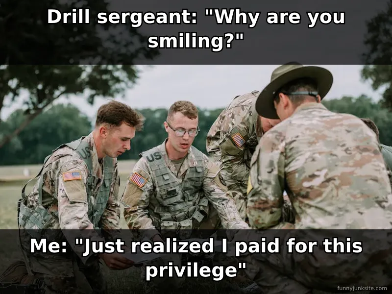 Meme showing military recruits at attention with confused drill sergeant, military jokes funny