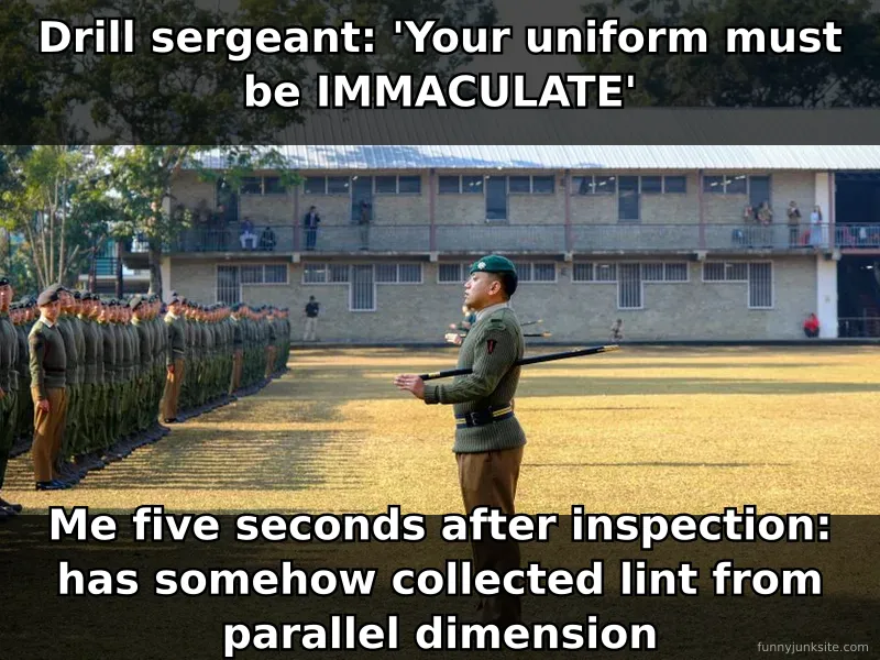 Military joke meme: soldier in inspection stance, humorous take on impossibly high uniform standards