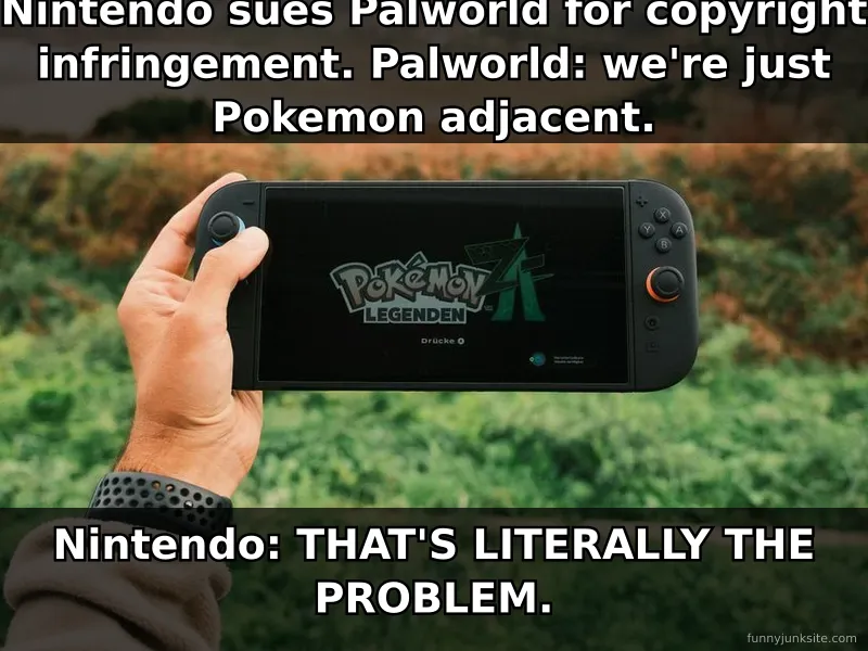 Palworld lawsuit meme comparing Pokémon and Palworld creatures, funny copyright humor