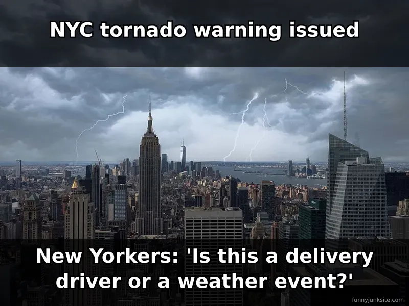 NYC tornado warning meme joking about New Yorkers' apathetic reaction to severe weather in the city.