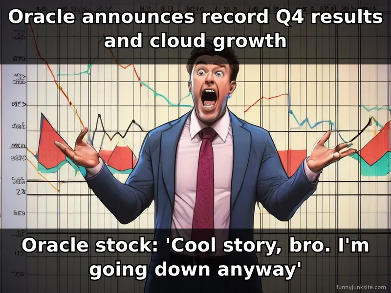 Funny tech stock meme about Oracle beating earnings but stock price still falling