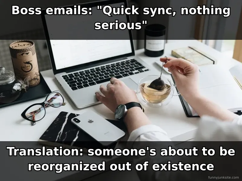 Office work meme showing nervous employee reading email, funny workplace anxiety joke