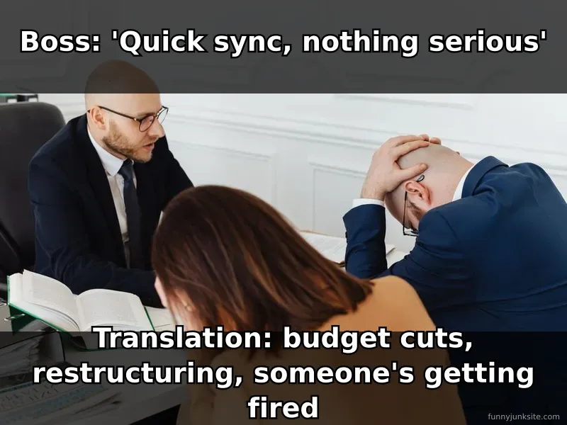 Anxious office worker in meeting room, funny work meme about dreading 'quick sync' meetings