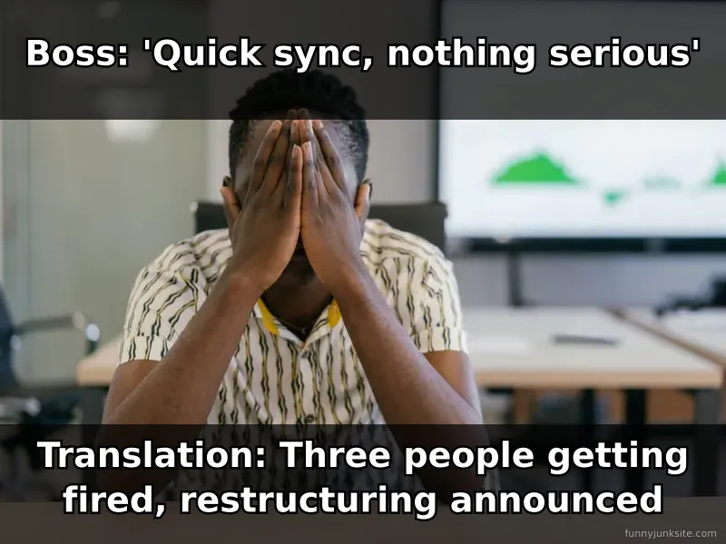Work meme: anxious office worker on video call, looking worried. Funny office humor meme.