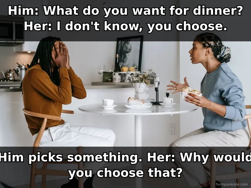Relationship meme showing couple dinner debate, funny couples argument humor