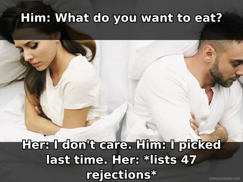 Relationship meme of confused couple in bed disagreeing about food choices at night