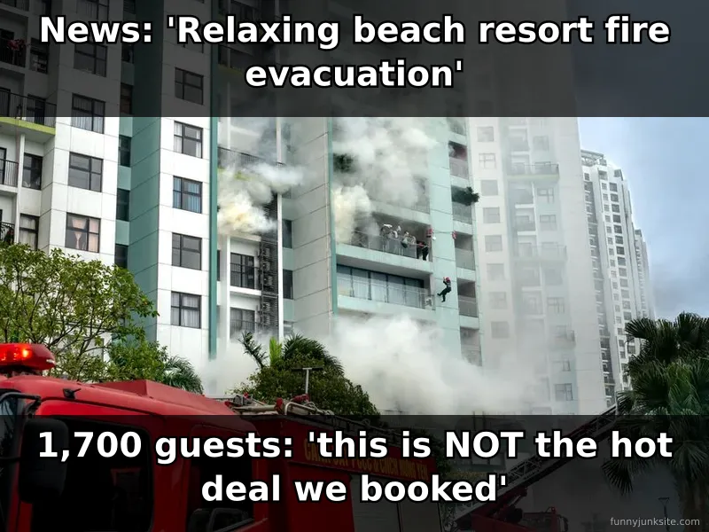 Funny news meme about Dominican Republic resort fire evacuation with dark humor about vacation gone wrong