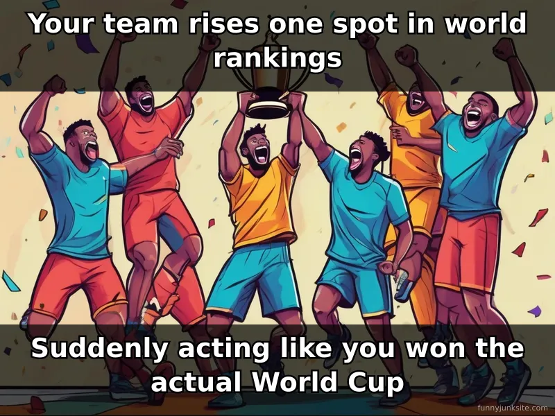 Soccer meme of team celebrating ranking change, funny sports pride image