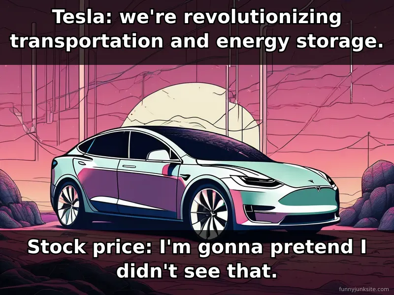 Tesla stock meme showing profit drop irony, funny financial humor