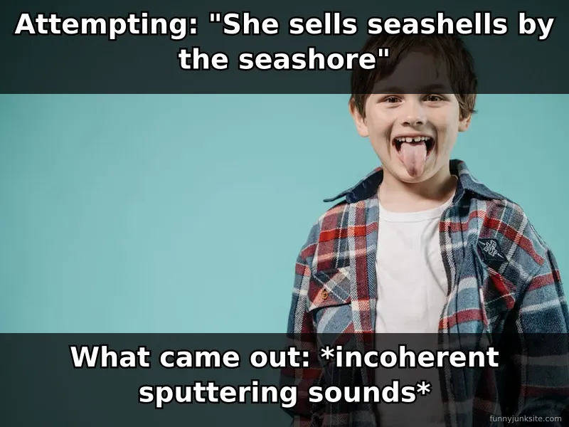 Funny tongue twister meme showing someone failing to say seashells coherently joke
